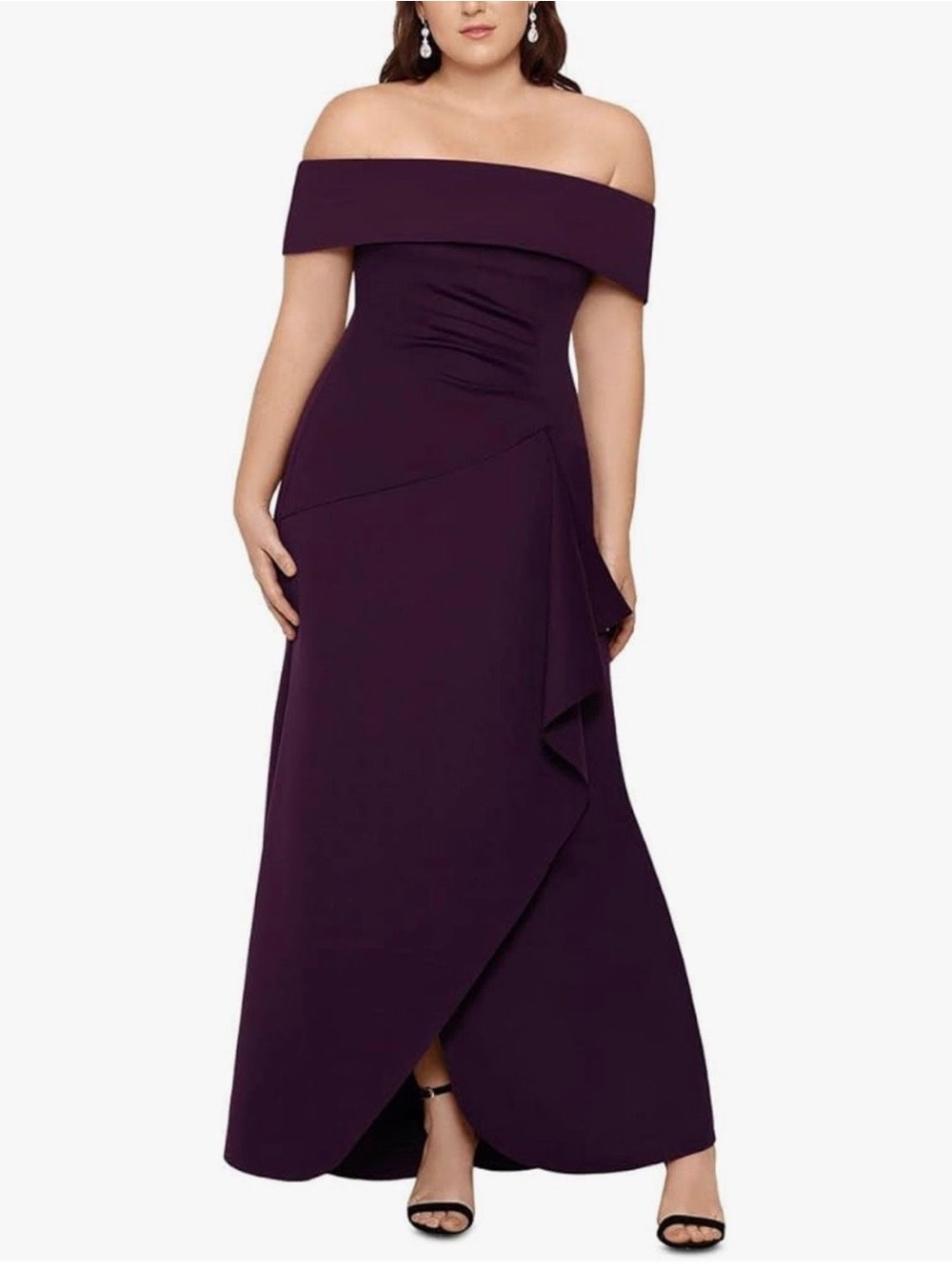 Xscape Strapless Off-Shoulder Evening Gown in Deep Plum
